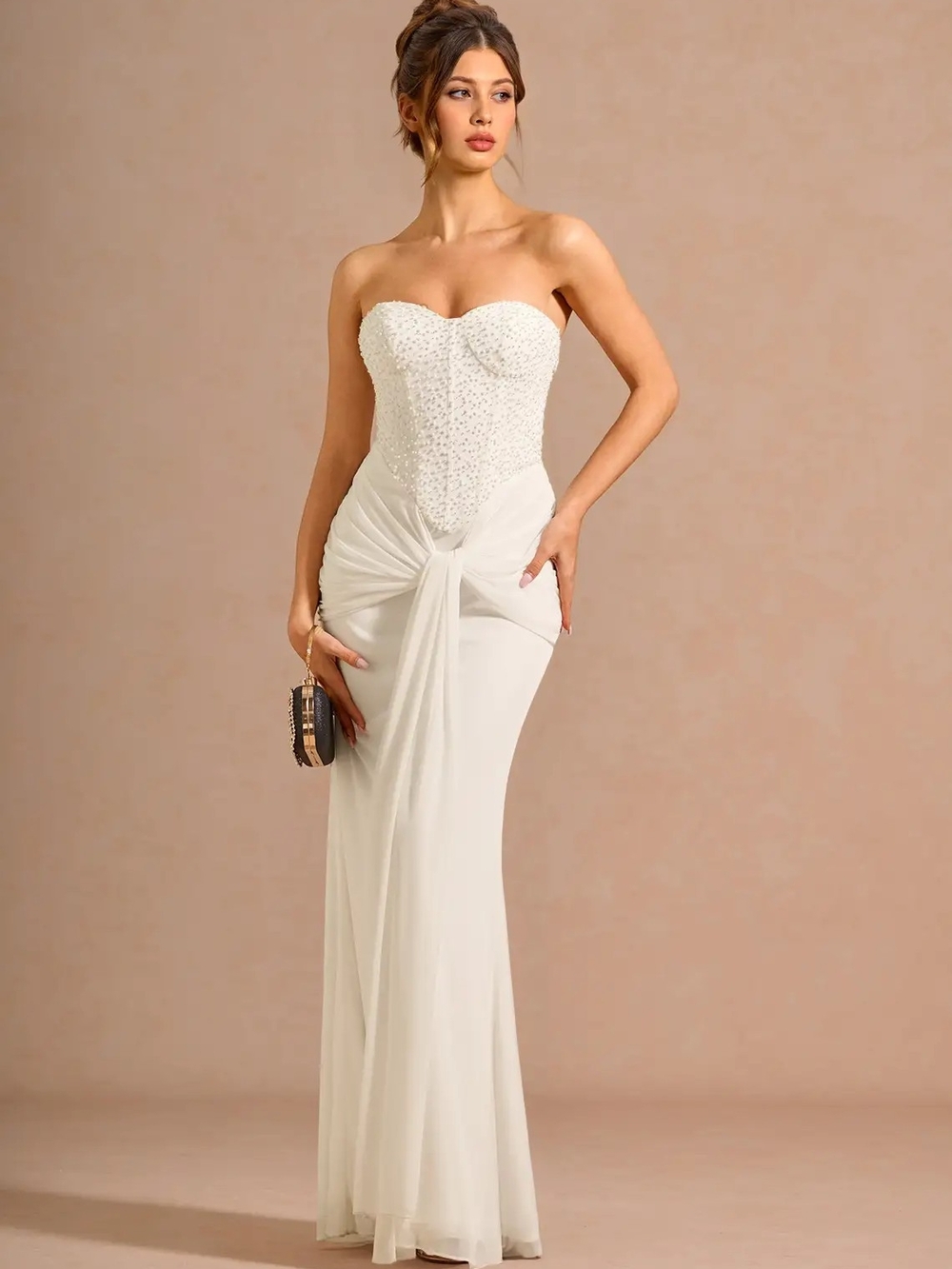 Azazie White Strapless Beaded Sweetheart Evening Gown